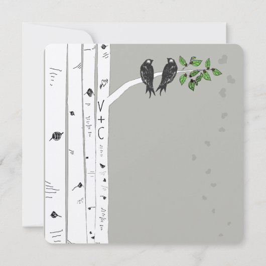 Silver Cloud Birch  Birds Wedding Invite Kaart (Achterkant)