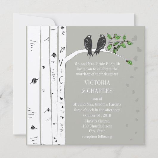 Silver Cloud Birch  Birds Wedding Invite Kaart (Voorkant)