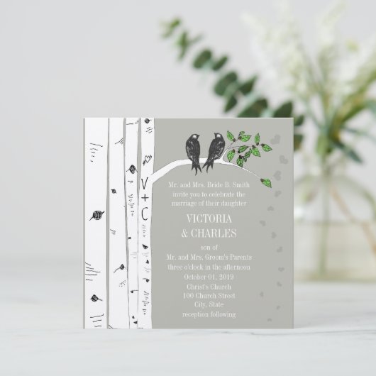 Silver Cloud Birch  Birds Wedding Invite Kaart (Staand voorkant)