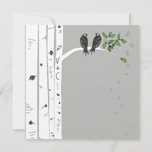 Silver Cloud Birch  Birds Wedding Invite Kaart (Achterkant)