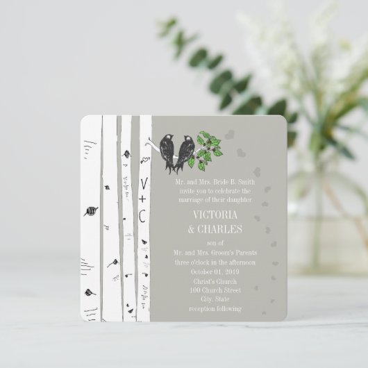 Silver Cloud Birch Birds Wedding Invite Kaart (Staand voorkant)