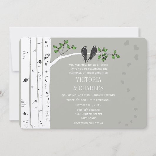 Silver Cloud Birch  Birds Wedding Invite Kaart (Voorkant)