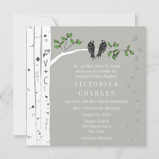Silver Cloud Birch  Birds Wedding Invite Kaart (Voorkant)