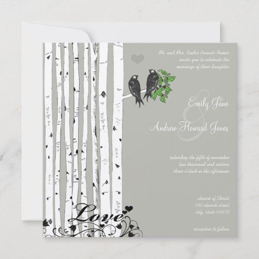 Silver Cloud Birch  Birds Wedding Invite Kaart (Voorkant)