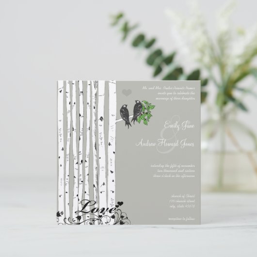 Silver Cloud Birch  Birds Wedding Invite Kaart (Staand voorkant)