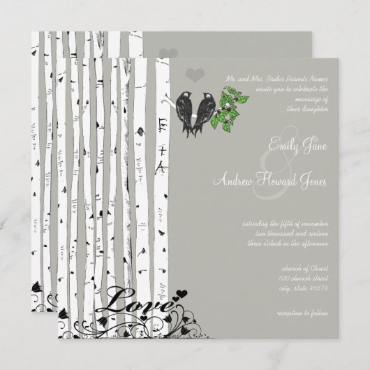 Silver Cloud Birch Birds Wedding Kaart (Voorkant / Achterkant)