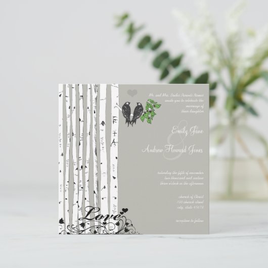 Silver Cloud Birch  Birds Wedding Kaart (Staand voorkant)