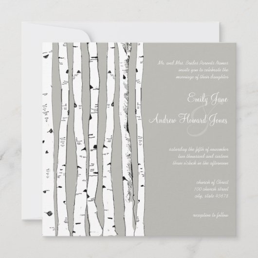 Silver Cloud Birch Tree Wedding Invitations Kaart (Voorkant)