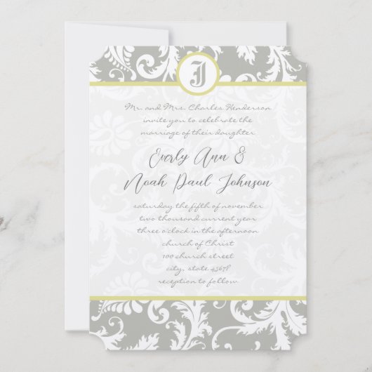 Silver Cloud Gray Damask Yellow Weduwuitnodiging Kaart (Voorkant)