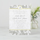 Silver Cloud Gray Damask Yellow Weduwuitnodiging Kaart (Staand voorkant)