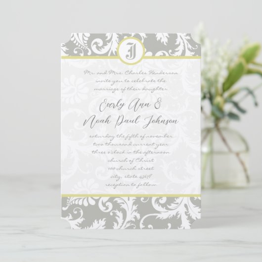 Silver Cloud Gray Damask Yellow Weduwuitnodiging Kaart (Staand voorkant)