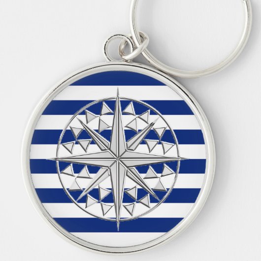 Silver Compass op Nautical Stripes Sleutelhanger (Voorkant)