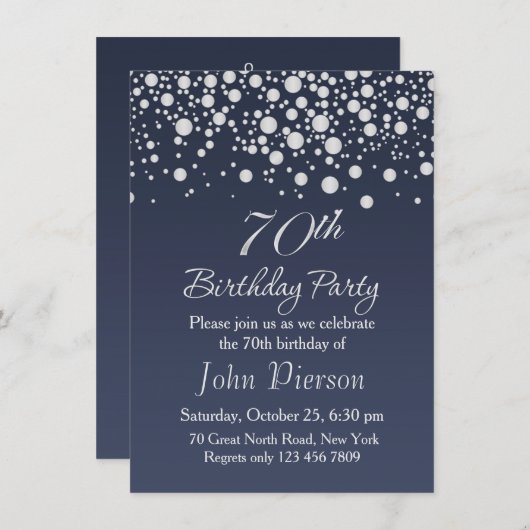 Silver confetti 70th Birthday Party Invitation Kaart (Voorkant / Achterkant)