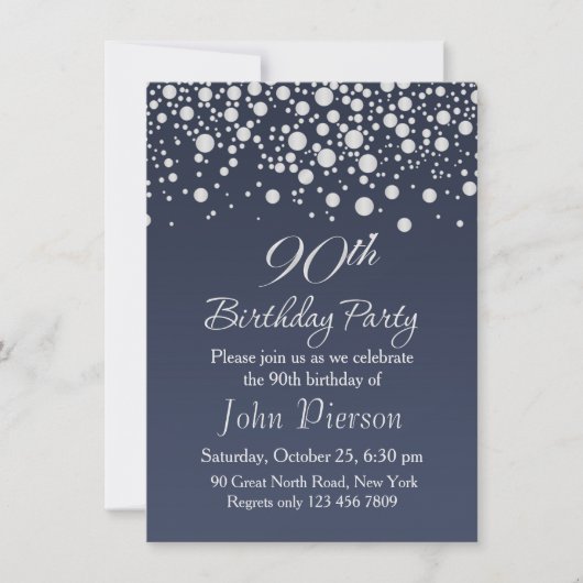 Silver confetti 90th Birthday Party Invitation Kaart (Voorkant)