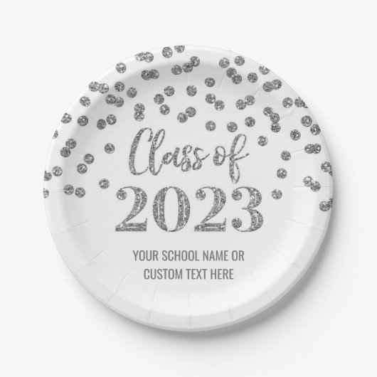 Silver Confetti Afstuderen 2023 Papieren Borden Bordje (Voorkant)