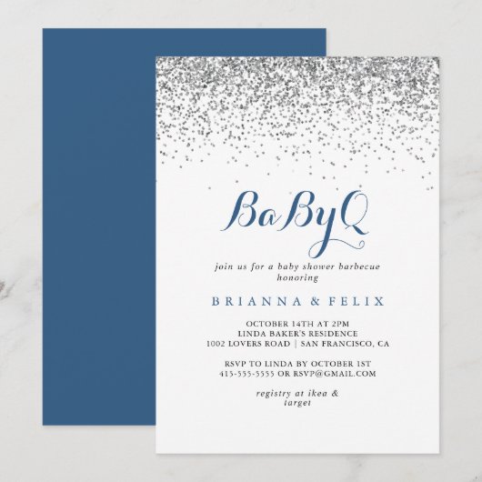 Silver Confetti BabyQ Baby shower Barbecue Kaart (Voorkant / Achterkant)