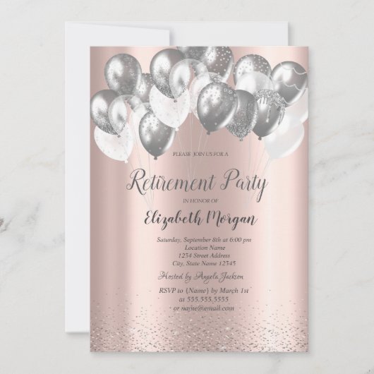 Silver Confetti Balloons Roos Gold Pensioen Kaart (Voorkant)