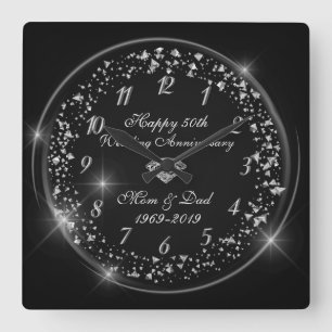 Silver Confetti, Black 50th Wedding Jubileum Vierkante Klok