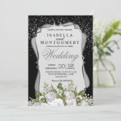 Silver Confetti, Black and White Floral Wedding Kaart (Staand voorkant)