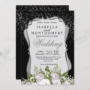 Silver Confetti, Black and White Floral Wedding Kaart