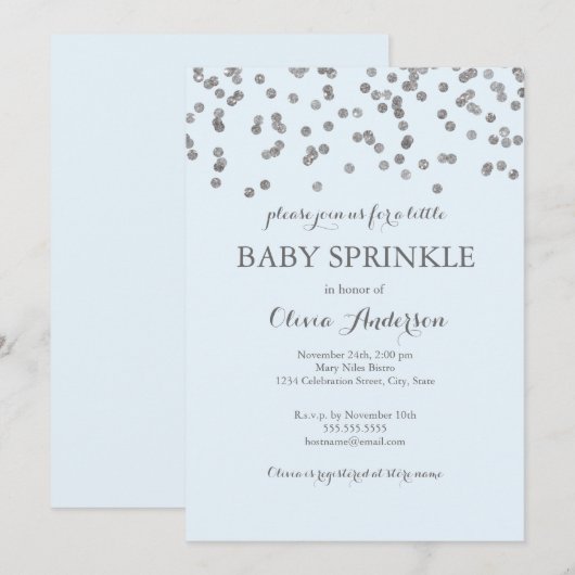 Silver Confetti Blue Baby Sprinkle Invitation Kaart (Voorkant / Achterkant)