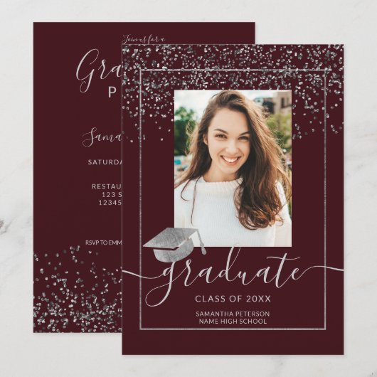 Silver confetti burgundy typografie afstuderen kaart (Voorkant / Achterkant)