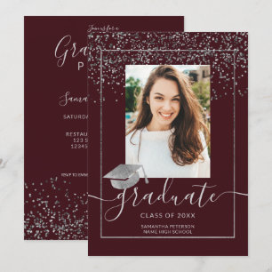Silver confetti burgundy typografie afstuderen kaart