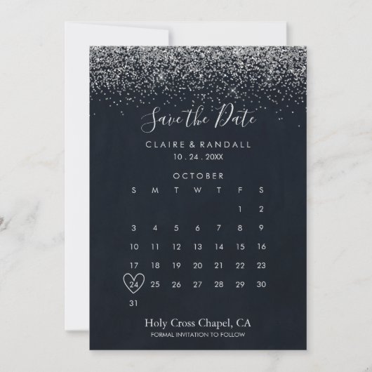 Silver Confetti Calligraphy Save the Date Calendar (Voorkant)