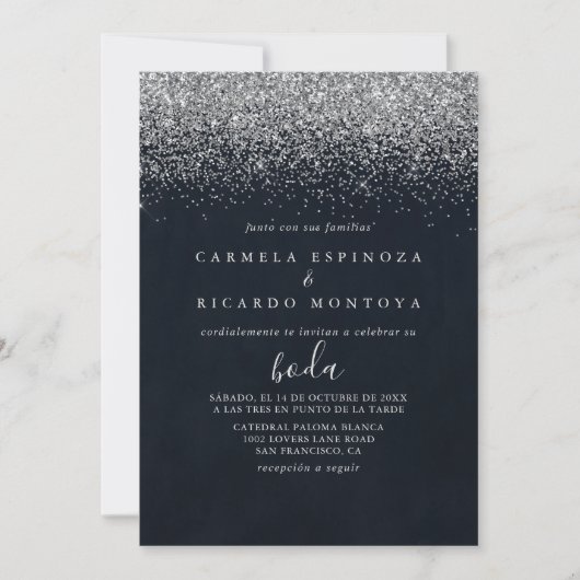 Silver Confetti Calligraphy Spanish Wedding Kaart (Voorkant)