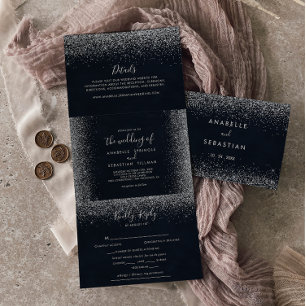 Silver Confetti Calligraphy Trifold Wedding Drieluik Uitnodiging