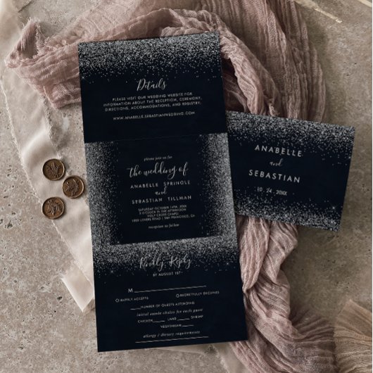 Silver Confetti Calligraphy Trifold Wedding Drieluik Uitnodiging