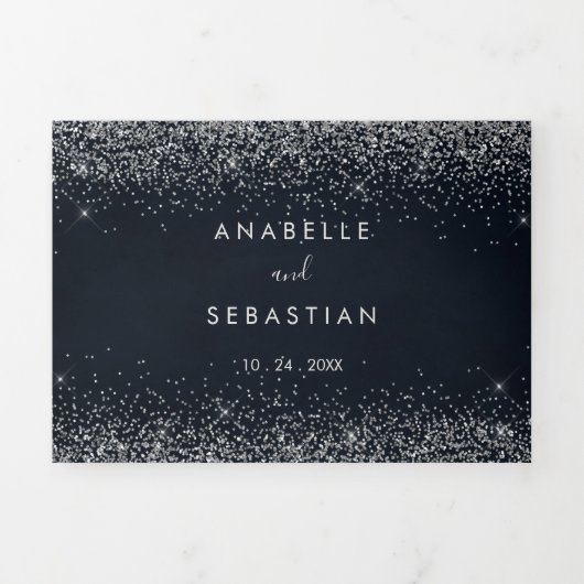 Silver Confetti Calligraphy Trifold Wedding Drieluik Uitnodiging (Cover)