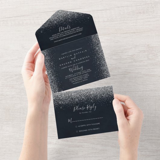 Silver Confetti Calligraphy Wedding All In One Uitnodiging (Afscheurbaar)