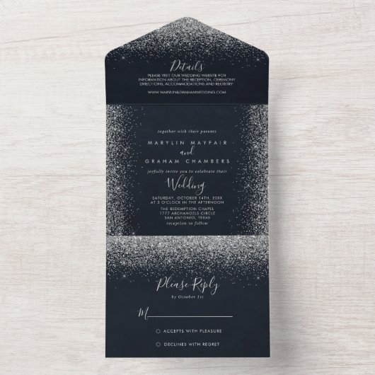 Silver Confetti Calligraphy Wedding All In One Uitnodiging (Binnen)