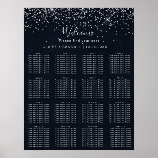 Silver Confetti Calligraphy Wedding Seating Chart Poster (Voorkant)