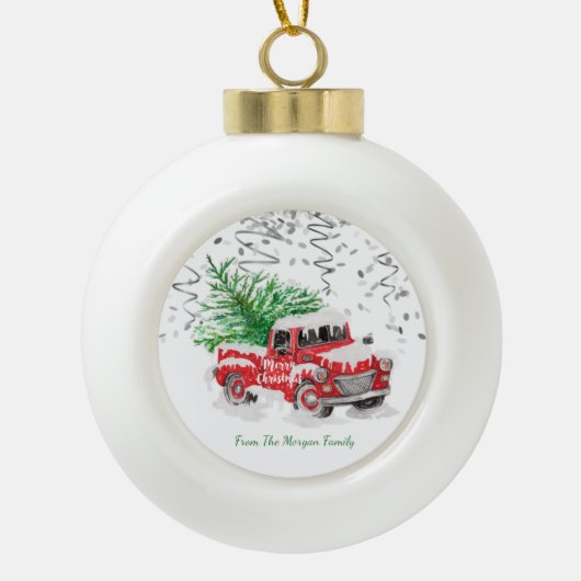 Silver Confetti,Christmas Red Truck Pine Tree Snow Keramische Bal Ornament (Voorkant)