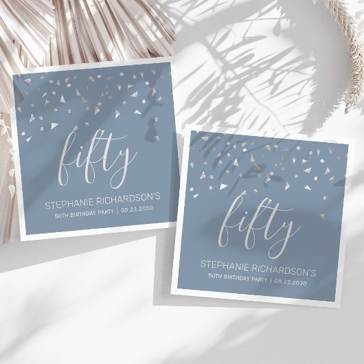 Silver Confetti Dusty Blue 50ste verjaardagsfeestj Servet