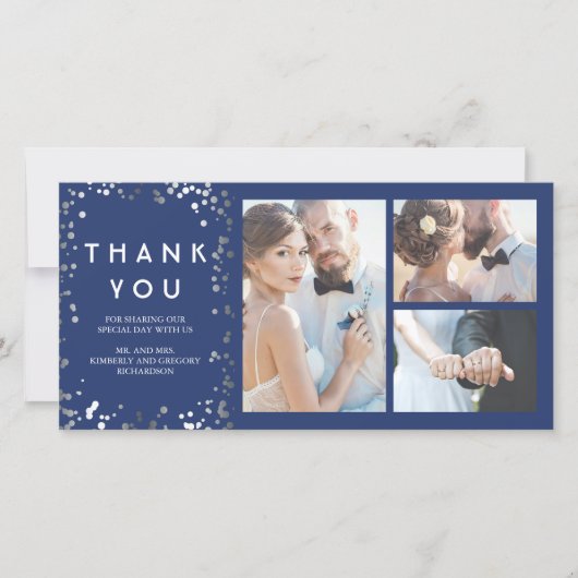 Silver Confetti Elegant Navy Wedding Bedankt (Voorkant)