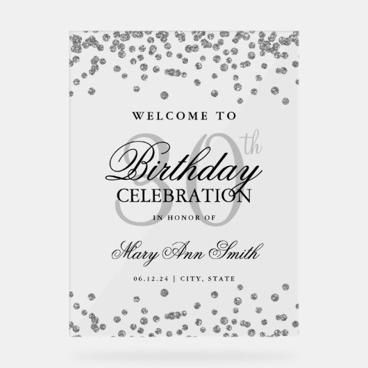 Silver Confetti Glitter 30e verjaardag Welkom Acryl Bord (Voorkant)