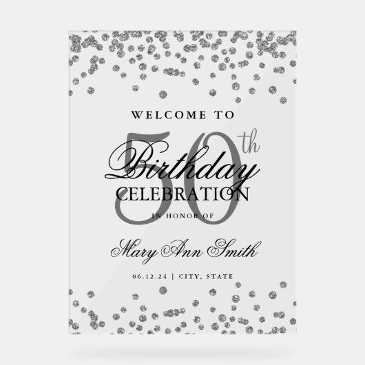 Silver Confetti Glitter 50e verjaardag Welkom Acryl Bord (Voorkant)
