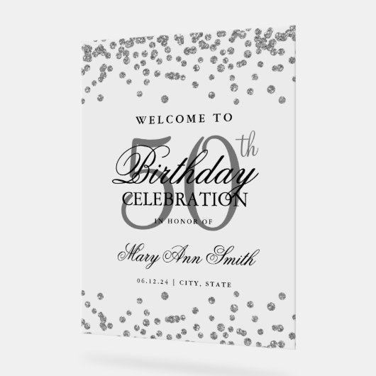 Silver Confetti Glitter 50e verjaardag Welkom Acryl Bord (Hoek)