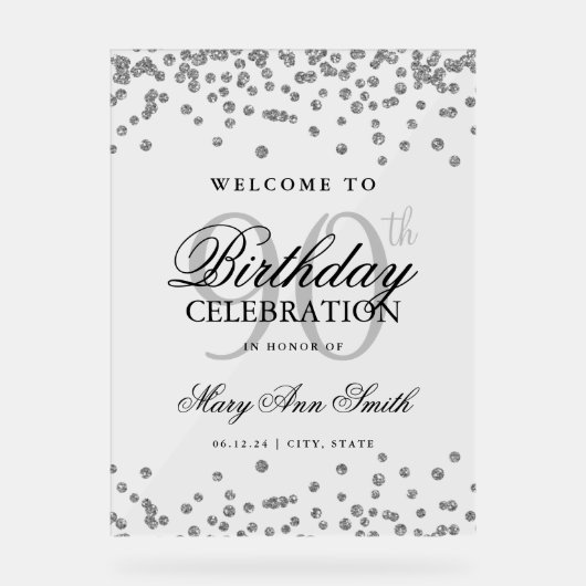 Silver Confetti Glitter 90e verjaardag Welkom Acryl Bord (Voorkant)