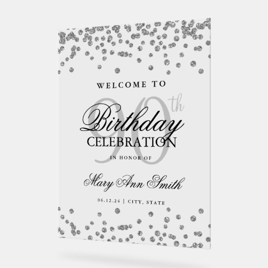 Silver Confetti Glitter 90e verjaardag Welkom Acryl Bord (Hoek)