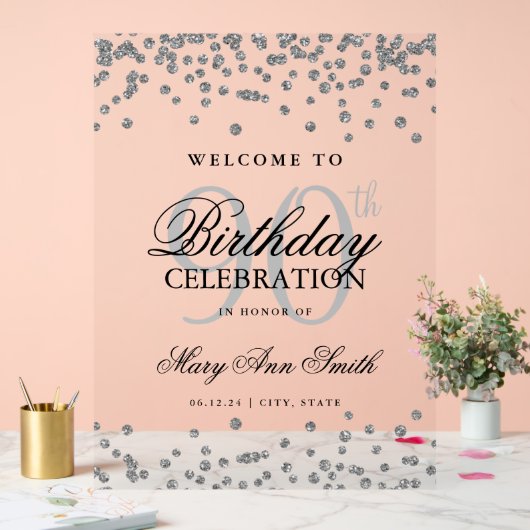 Silver Confetti Glitter 90e verjaardag Welkom Acryl Bord (Huwelijk)