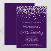 Silver Confetti Glitter Donker Paarse 50e Verjaard Kaart (Voorkant / Achterkant)