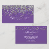Silver Confetti Glitter Paars Modern Script Visitekaartje (Voorkant / Achterkant)