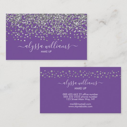 Silver Confetti Glitter Paars Modern Script Visitekaartje (Voorkant / Achterkant)