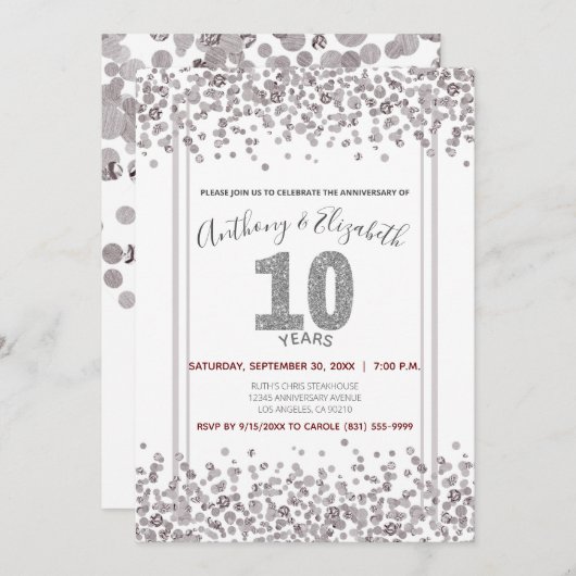 Silver Confetti Glitter-Style 10e Jubileum Kaart (Voorkant / Achterkant)