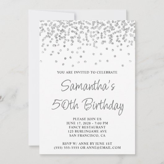 Silver Confetti Glitter Wit 50e Verjaardag Kaart (Voorkant)