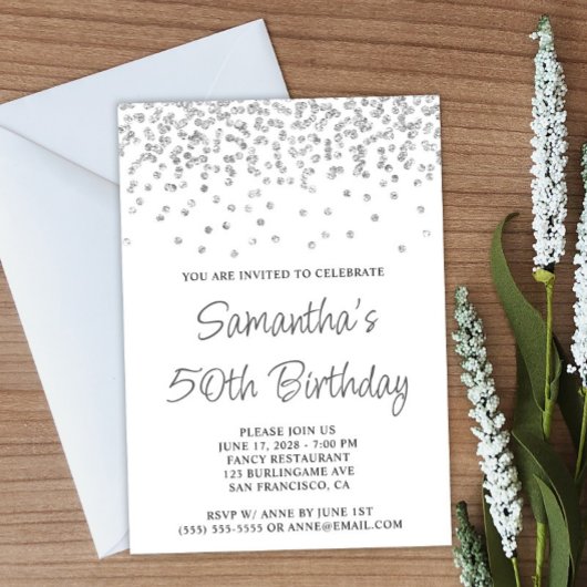 Silver Confetti Glitter Wit 50e Verjaardag Kaart